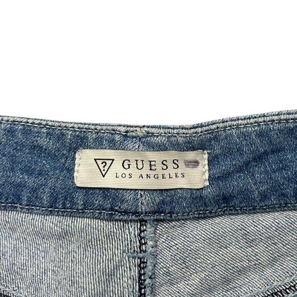 GUESS Military Patch Detail Women’s Size 27 Denim Mini Skirt Blue Raw Hem Y2K - Picture 2 of 11